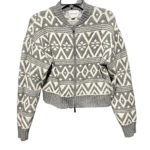PINK ROSE double full zip Nordic chalet gray white crop sweater NWOT Sz S
